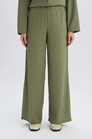 Straight Fit Beli Lastikli Basic Düz Bürümcük Geniş Paça Pantolon