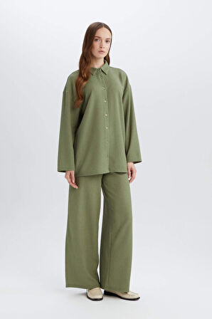 Straight Fit Beli Lastikli Basic Düz Bürümcük Geniş Paça Pantolon