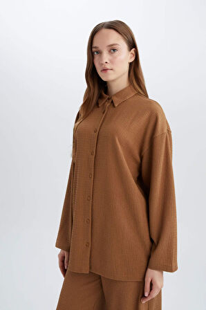 Relax Fit Polo Yaka Bürümcük Uzun Kollu Gömlek