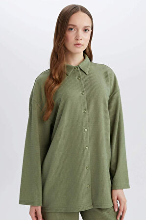 Relax Fit Polo Yaka Bürümcük Uzun Kollu Gömlek