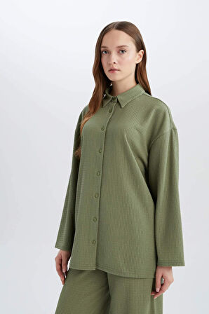 Relax Fit Polo Yaka Bürümcük Uzun Kollu Gömlek