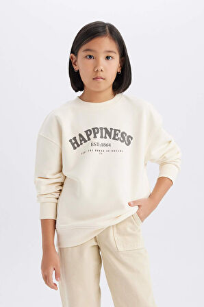DeFacto Kız Çocuk Relax Fit Bisiklet Yaka Baskılı Sweatshirt D9078A825SPER134