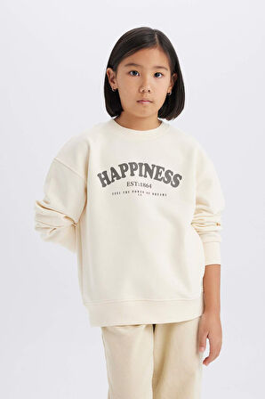 DeFacto Kız Çocuk Relax Fit Bisiklet Yaka Baskılı Sweatshirt D9078A825SPER134