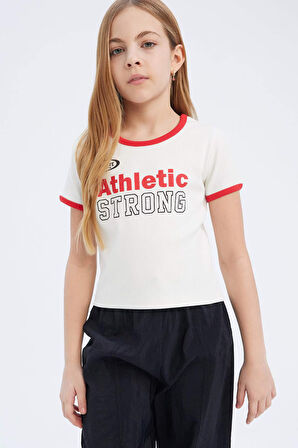 DeFacto Kız Çocuk Slim Fit Dar Kesim Bisiklet Yaka Baskılı Fitilli Kaşkorse Kısa Kollu Tişört D8542A825SMER85