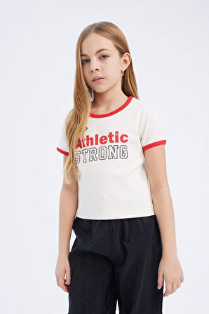 DeFacto Kız Çocuk Slim Fit Dar Kesim Bisiklet Yaka Baskılı Fitilli Kaşkorse Kısa Kollu Tişört D8542A825SMER85