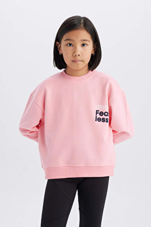 Kız Çocuk Relax Fit Bisiklet Yaka Sırt Baskılı Sweatshirt
