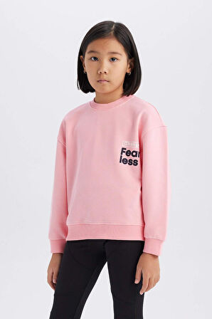 Kız Çocuk Relax Fit Bisiklet Yaka Sırt Baskılı Sweatshirt