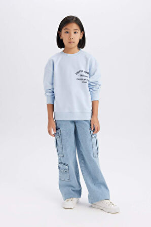 Kız Çocuk Relax Fit Bisiklet Yaka Baskılı Sweatshirt