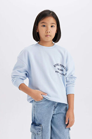 Kız Çocuk Relax Fit Bisiklet Yaka Baskılı Sweatshirt