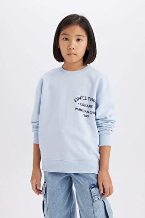 Kız Çocuk Relax Fit Bisiklet Yaka Baskılı Sweatshirt