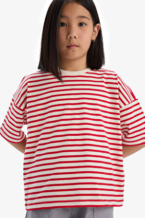 Kız Çocuk Relax Fit Bisiklet Yaka Çizgili Kısa Kollu Tişört
