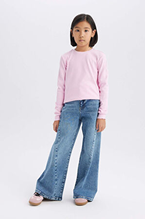 DeFacto Kız Çocuk Slim Fit Dar Kesim Bisiklet Yaka Ribana Uzun Kollu Basic Düz Tişört B7452A825SPPN47