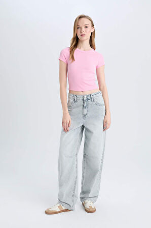 DeFacto Coool Fitted Bisiklet Yaka Basic Düz Fitilli Kaşkorse Kısa Kollu Tişört E0287AX25SMPN614