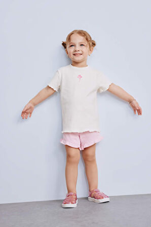 Kız Bebek Regular Fit Bisiklet Yaka Çiçekli Fitilli Kaşkorse Kısa Kollu Tişört