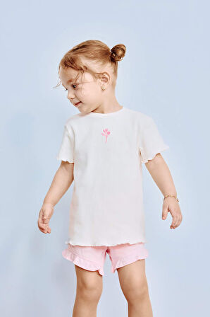 Kız Bebek Regular Fit Bisiklet Yaka Çiçekli Fitilli Kaşkorse Kısa Kollu Tişört