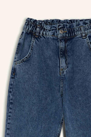 Paperbag Rahat Kesim Yüksek Bel Beli Lastikli Hafif Düz Paça Jean Yıkamalı Pantolon