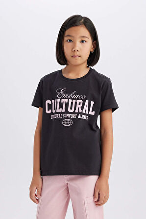 Kız Çocuk Regular Fit Bisiklet Yaka Hayvan Desenli Kısa Kollu Tişört