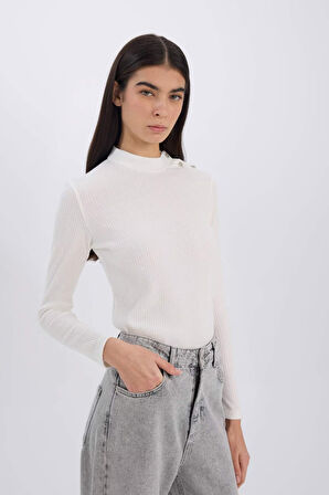 Slim Fit Dar Kesim Yarım Balıkçı Yaka Casual Fitilli Kaşkorse Uzun Kollu Tişört