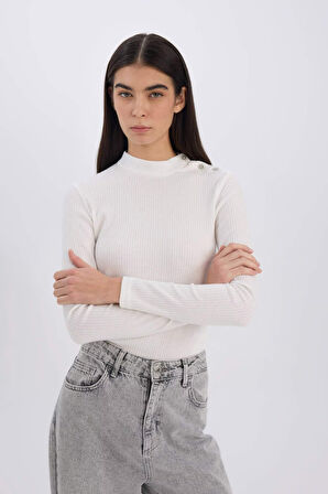 Slim Fit Dar Kesim Yarım Balıkçı Yaka Casual Fitilli Kaşkorse Uzun Kollu Tişört