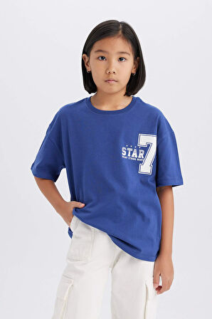 DeFacto Kız Çocuk Oversize Geniş Kalıp Bisiklet Yaka Sırt Baskılı Kısa Kollu Tişört D8540A825SMIN59