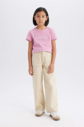 Kız Çocuk Slim Fit Dar Kesim Bisiklet Yaka Slogan Desenli Fitilli Kaşkorse Kısa Kollu Tişört