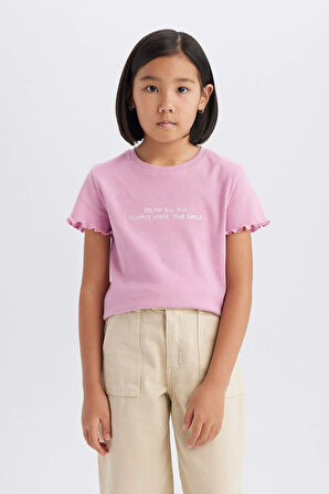 Kız Çocuk Slim Fit Dar Kesim Bisiklet Yaka Slogan Desenli Fitilli Kaşkorse Kısa Kollu Tişört