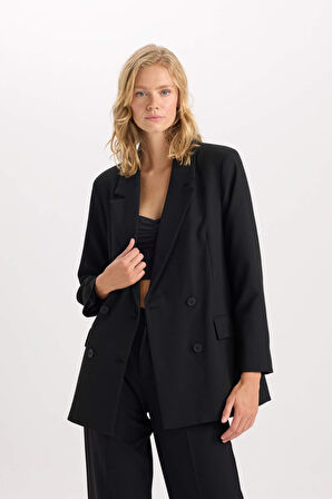 Oversize Fit Geniş Kalıp Ceket Yaka Düğme Kapamalı Tafta Basic Düz Blazer Ceket