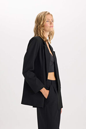 Oversize Fit Geniş Kalıp Ceket Yaka Düğme Kapamalı Tafta Basic Düz Blazer Ceket