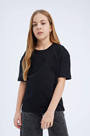 Kız Çocuk Relax Fit Bisiklet Yaka Basic Düz Kısa Kollu Tişört