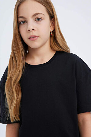 Kız Çocuk Relax Fit Bisiklet Yaka Basic Düz Kısa Kollu Tişört