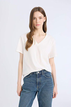 DeFacto Regular Fit V Yaka Basic Düz Kısa Kollu Tişört D9593AX25SMWT34