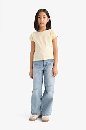 DeFacto Kız Çocuk Slim Fit Dar Kesim Bisiklet Yaka Basic Düz Fitilli Kaşkorse Kısa Kollu Tişört B3053A825SMER134