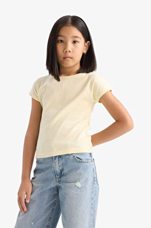 DeFacto Kız Çocuk Slim Fit Dar Kesim Bisiklet Yaka Basic Düz Fitilli Kaşkorse Kısa Kollu Tişört B3053A825SMER134