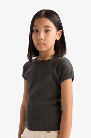 DeFacto Kız Çocuk Slim Fit Dar Kesim Bisiklet Yaka Basic Düz Fitilli Kaşkorse Kısa Kollu Tişört B3053A825SMAR211