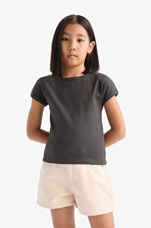 DeFacto Kız Çocuk Slim Fit Dar Kesim Bisiklet Yaka Basic Düz Fitilli Kaşkorse Kısa Kollu Tişört B3053A825SMAR211