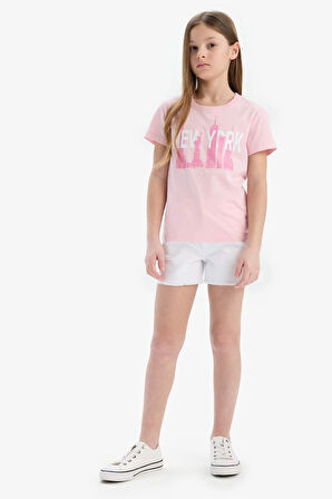 Kız Çocuk Bisiklet Yaka Baskılı Kısa Kollu Tişört