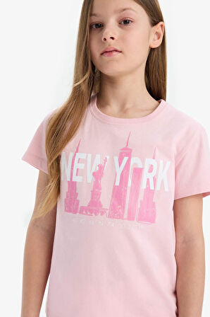 Kız Çocuk Bisiklet Yaka Baskılı Kısa Kollu Tişört