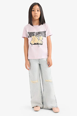 DeFacto Kız Çocuk Bisiklet Yaka Baskılı Kısa Kollu Tişört E0349A825SMPN425