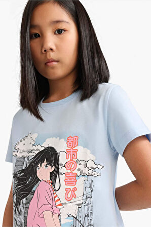 DeFacto Kız Çocuk Bisiklet Yaka Anime Baskılı Kısa Kollu Tişört E0351A825SMBE745