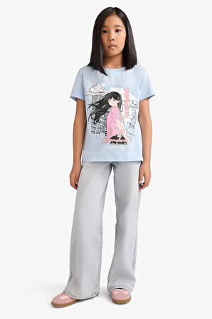 DeFacto Kız Çocuk Bisiklet Yaka Anime Baskılı Kısa Kollu Tişört E0351A825SMBE745