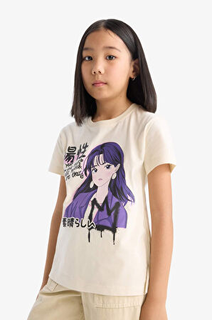 DeFacto Kız Çocuk Bisiklet Yaka Anime Baskılı Kısa Kollu Tişört E0350A825SMER233