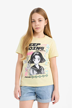 DeFacto Kız Çocuk Bisiklet Yaka Anime Baskılı Kısa Kollu Tişört E0350A825SMGN654