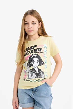DeFacto Kız Çocuk Bisiklet Yaka Anime Baskılı Kısa Kollu Tişört E0350A825SMGN654