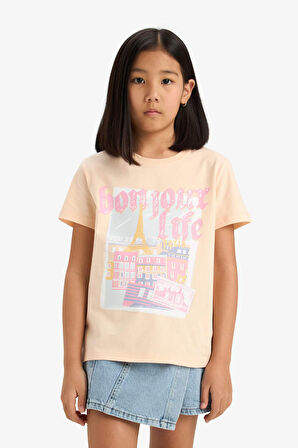 Kız Çocuk Bisiklet Yaka Anime Baskılı Kısa Kollu Tişört
