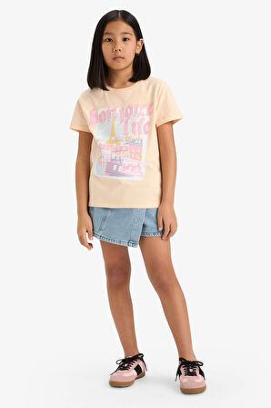 Kız Çocuk Bisiklet Yaka Anime Baskılı Kısa Kollu Tişört