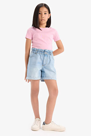 DeFacto Kız Çocuk Slim Fit Dar Kesim Bisiklet Yaka Ribana Basic Düz Kısa Kollu Tişört B3054A825SMPN444