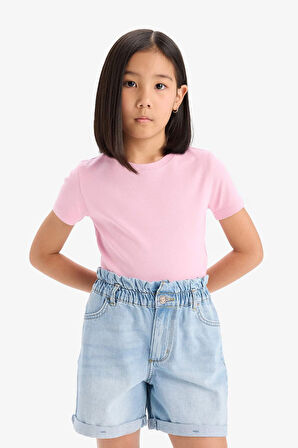 DeFacto Kız Çocuk Slim Fit Dar Kesim Bisiklet Yaka Ribana Basic Düz Kısa Kollu Tişört B3054A825SMPN444