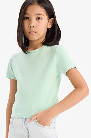 DeFacto Kız Çocuk Slim Fit Dar Kesim Bisiklet Yaka Ribana Basic Düz Kısa Kollu Tişört B3054A825SMGN240
