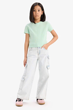 DeFacto Kız Çocuk Slim Fit Dar Kesim Bisiklet Yaka Ribana Basic Düz Kısa Kollu Tişört B3054A825SMGN240