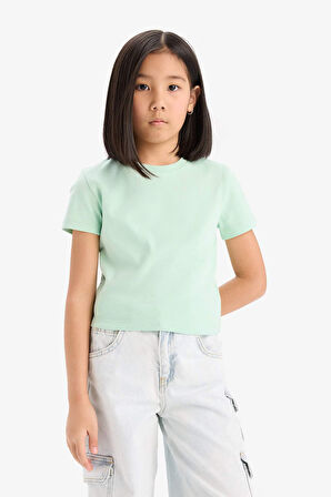 DeFacto Kız Çocuk Slim Fit Dar Kesim Bisiklet Yaka Ribana Basic Düz Kısa Kollu Tişört B3054A825SMGN240
